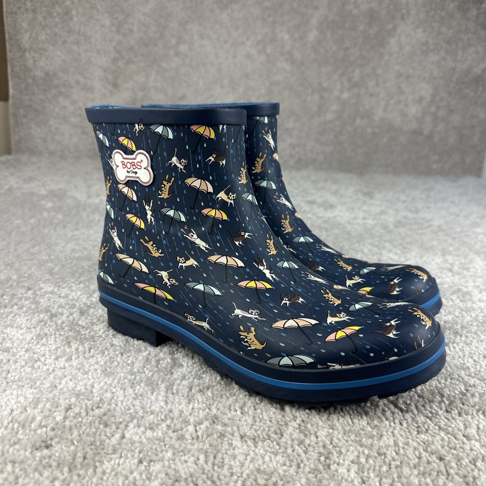 BOB's For Dogs By Skechers Women's Size 10 Rain Boots Ankle Umbrella Dogs Navy